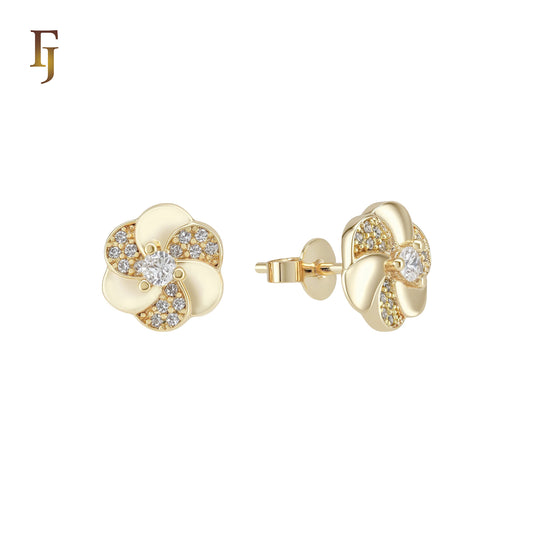 SPinning flower of half white Czs 14K Gold Stud Earrings