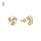 SPinning flower of half white Czs 14K Gold Stud Earrings