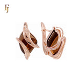 Double Ribbons clawed elegant Solitaire Colorful CZ Rose Gold Russian Lock Earrings