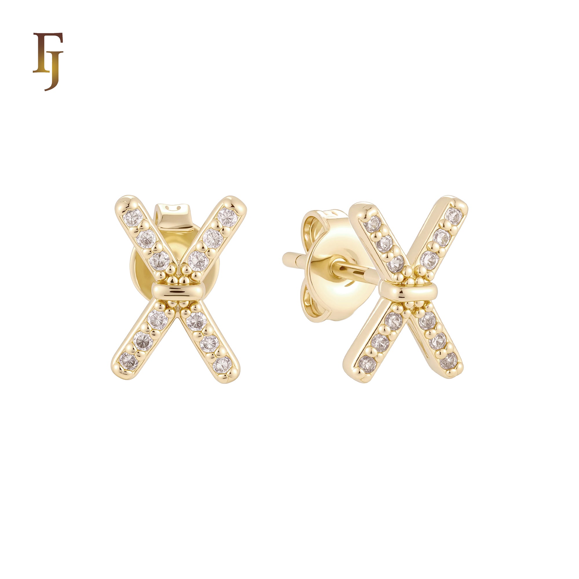 X cross of white Czs 14K Gold, Rose Gold Stud Earrings