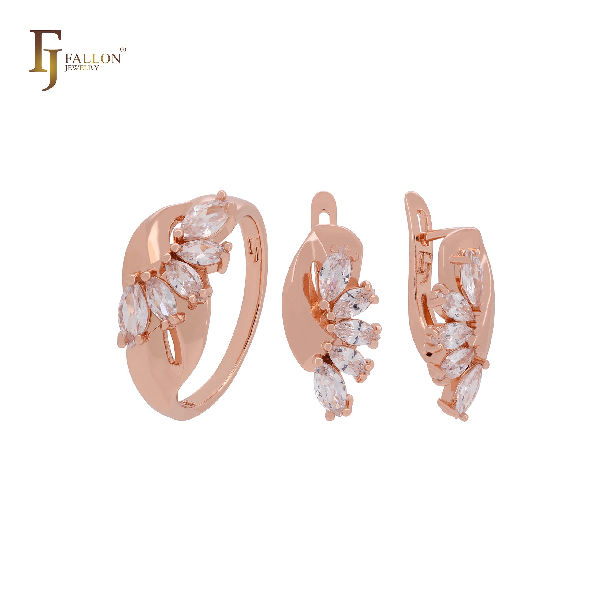 Lujoso conjunto de joyas de oro rosa con circonitas cúbicas en racimo de marquesa, color amarillo oliva o blanco, y anillos.