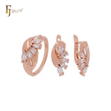 Lujoso conjunto de joyas de oro rosa con circonitas cúbicas en racimo de marquesa, color amarillo oliva o blanco, y anillos.