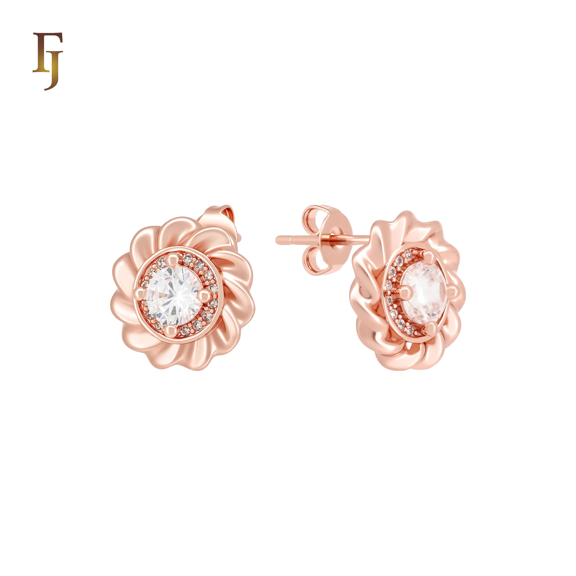 Rounded shaped ribbon white CZs 14K Gold, Rose Gold Stud Earrings