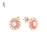 Rounded shaped ribbon white CZs 14K Gold, Rose Gold Stud Earrings