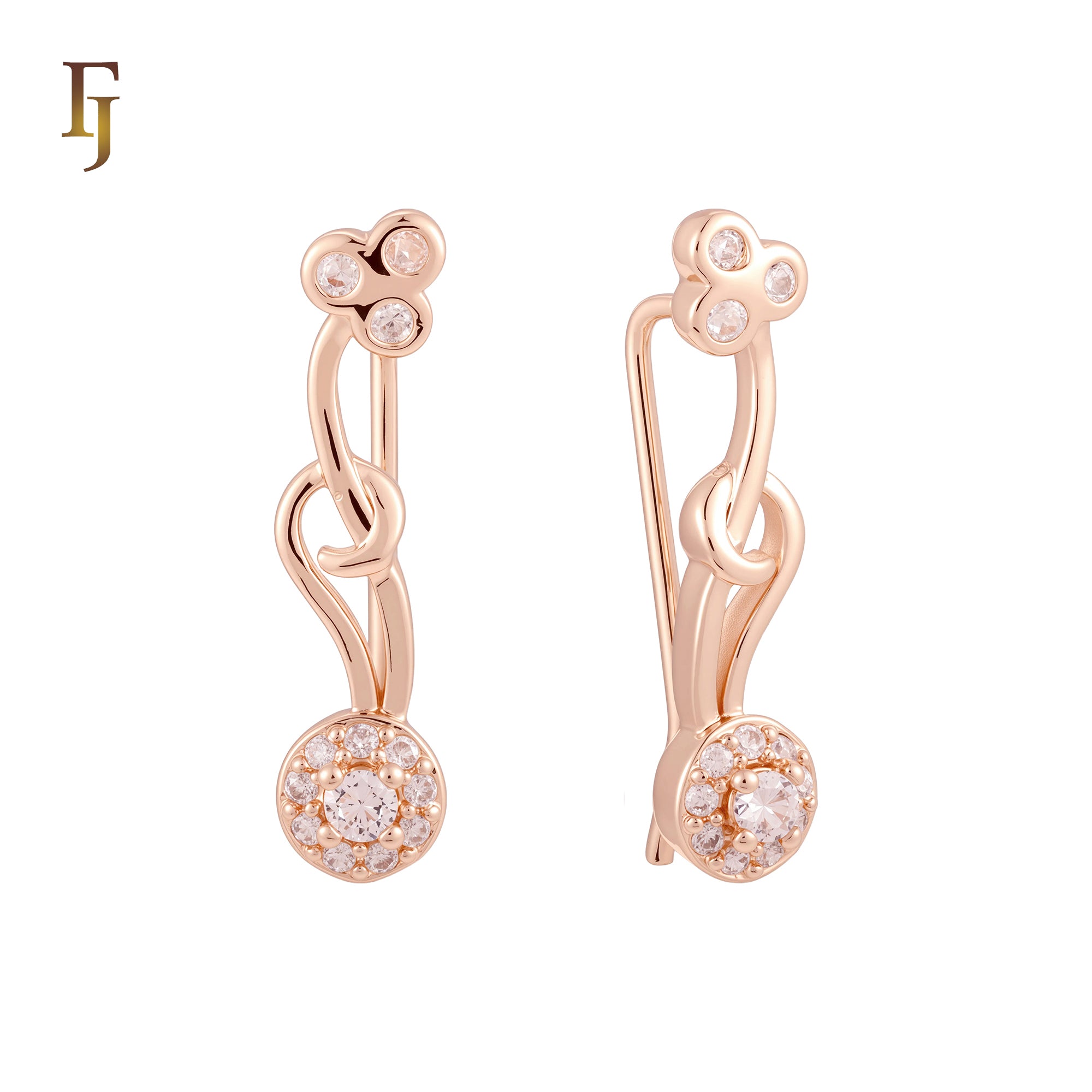 Halo rounded white CZs Rose Gold Crawler Earrings Ear Climber