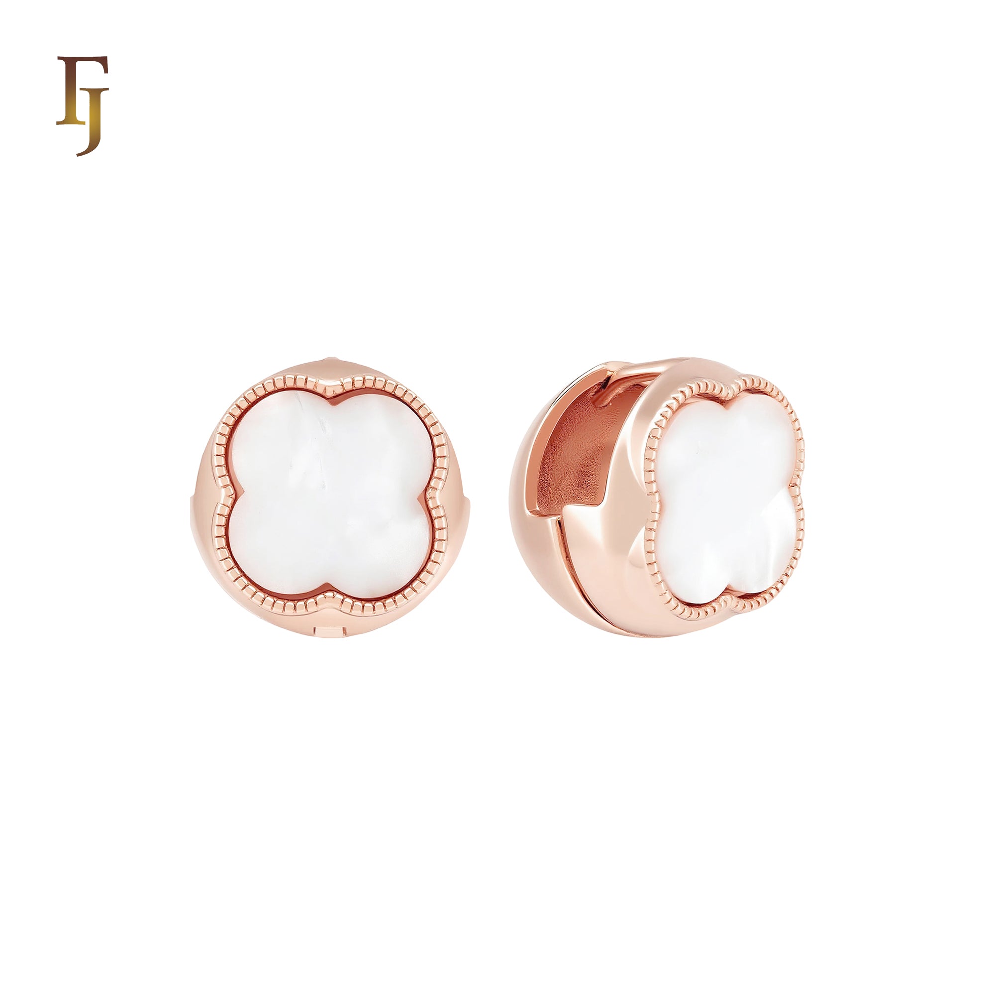 Spheric wide Black or white Onyx clover 14K Gold, Rose Gold Huggie Earrings