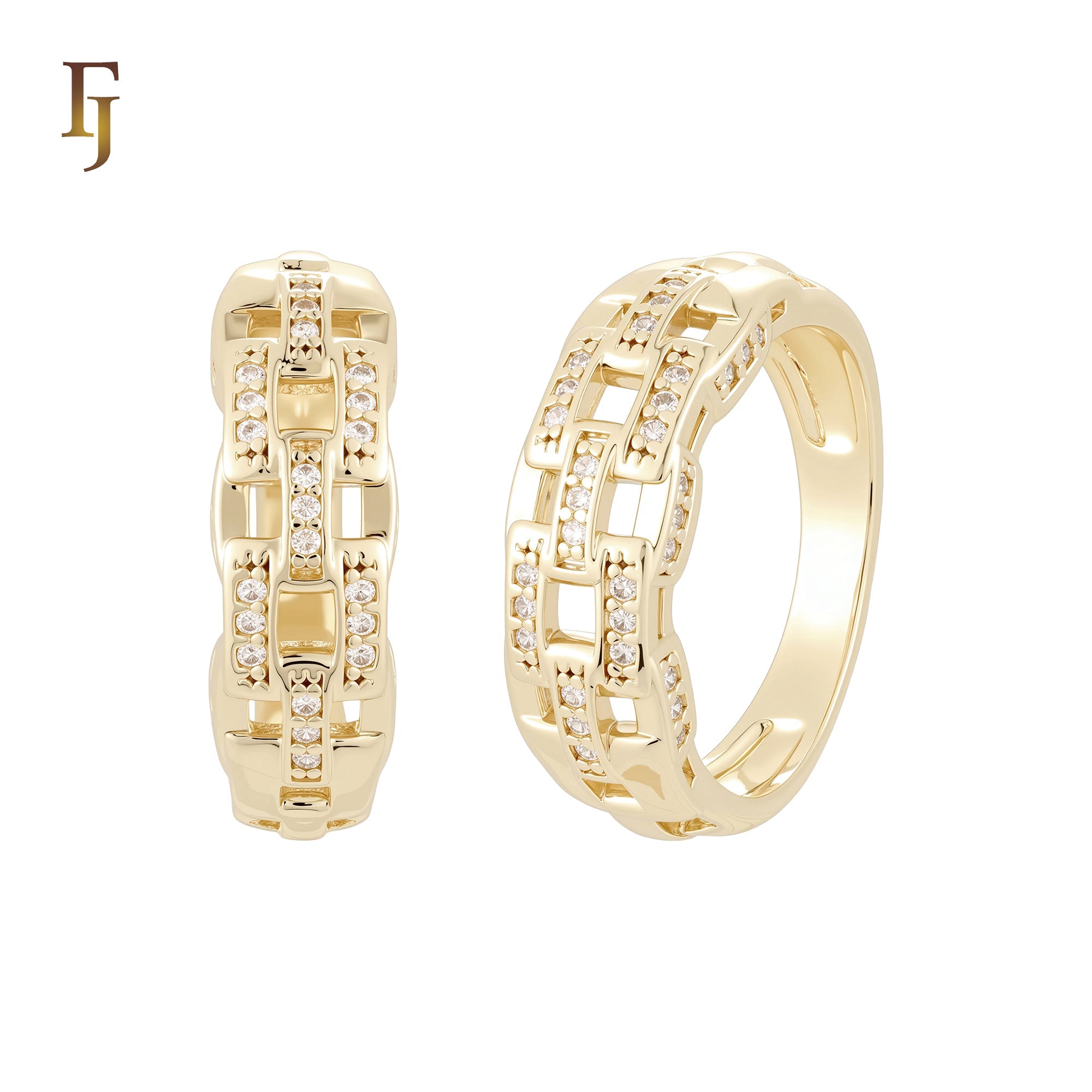 Chain link design white CZs 14K Gold Wedding Set Rings