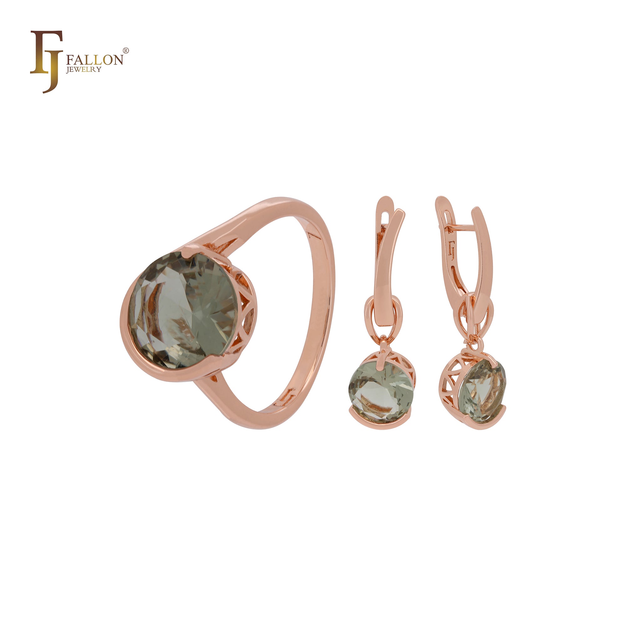 Conjunto de joyas de oro rosa con solitario redondeado de circonita cúbica verde manzana y anillos