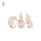 Luxurious elegant spinning ribbon flower of white CZs Rose Gold two tone Jewelry Set with Rings