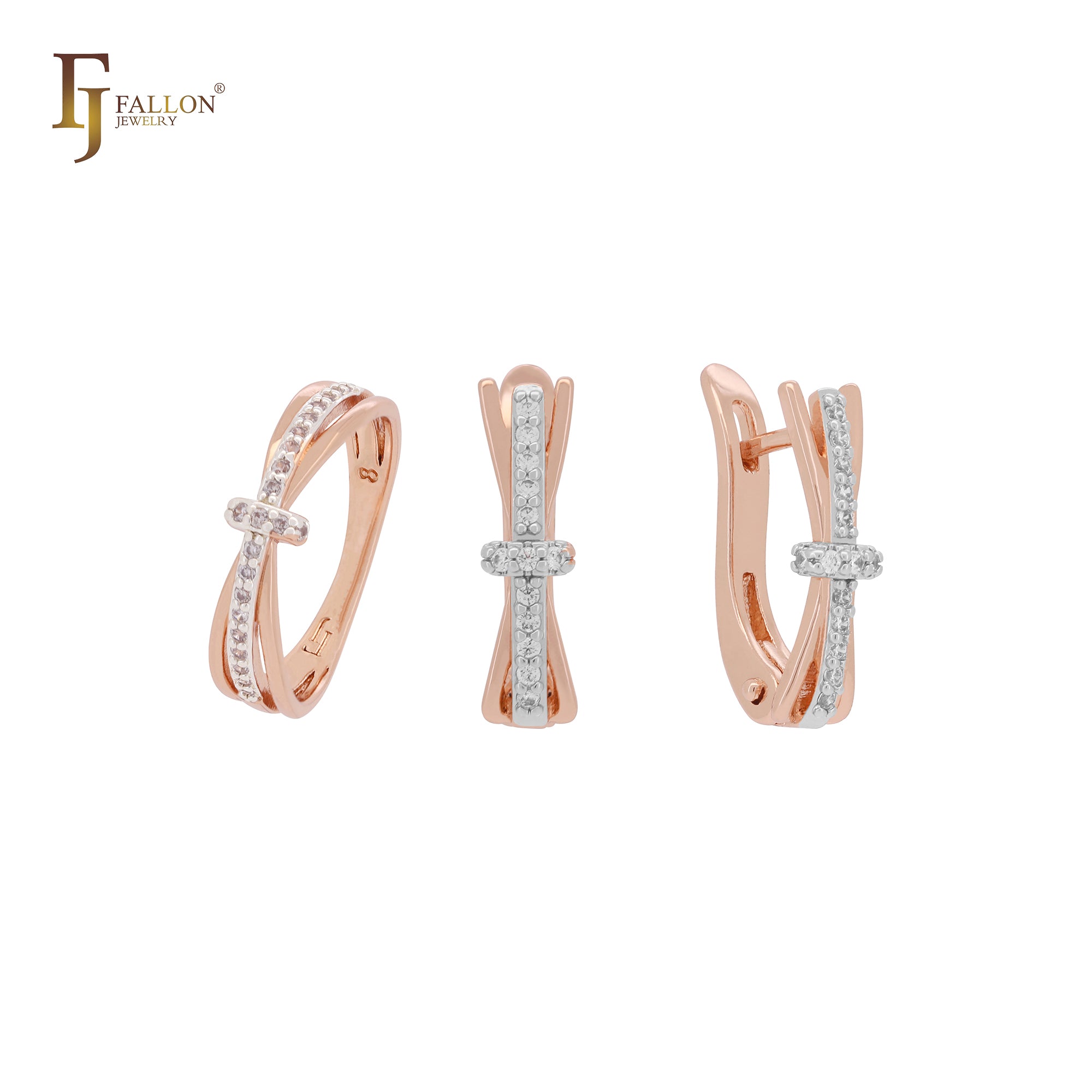 Conjunto de joyas de oro rosa 585 de dos tonos con tres bandas en un pavé de circonitas blancas y anillos.