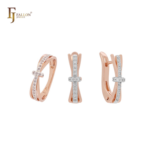 Conjunto de joyas de oro rosa 585 de dos tonos con tres bandas en un pavé de circonitas blancas y anillos.