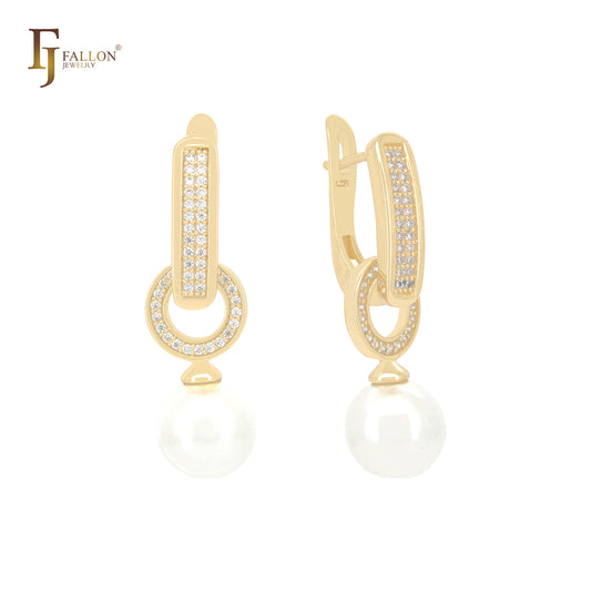 Pendientes de clip con halo colgante de circonitas blancas y perlas en oro de 14 quilates y oro rosa.