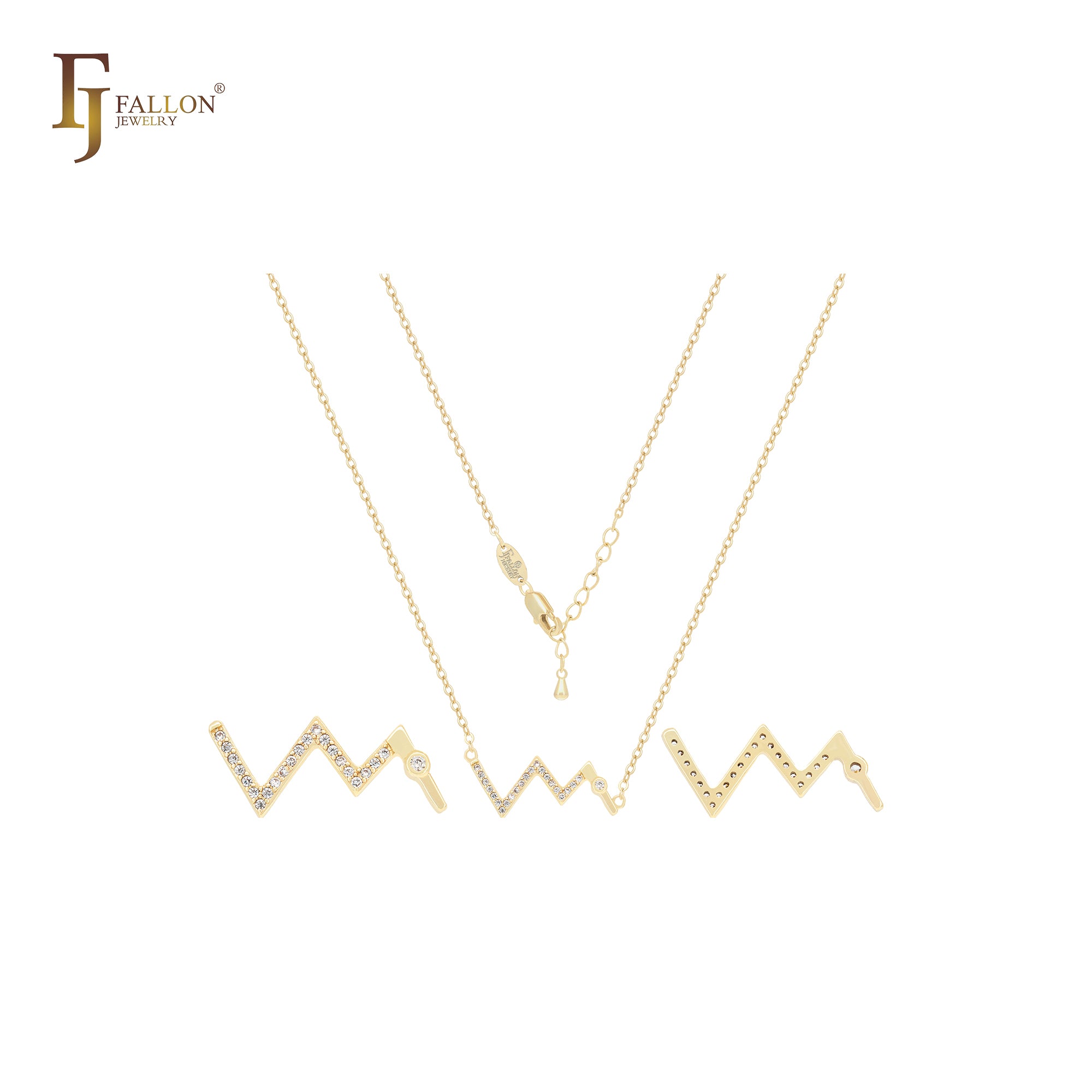 Collar de oro de 14 quilates con símbolo de rayo y circonitas blancas en zigzag