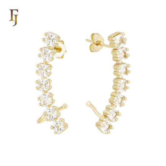 Cluster Squared white CZs 14K Gold, Rose Gold Cuff Clip Stud Earrings