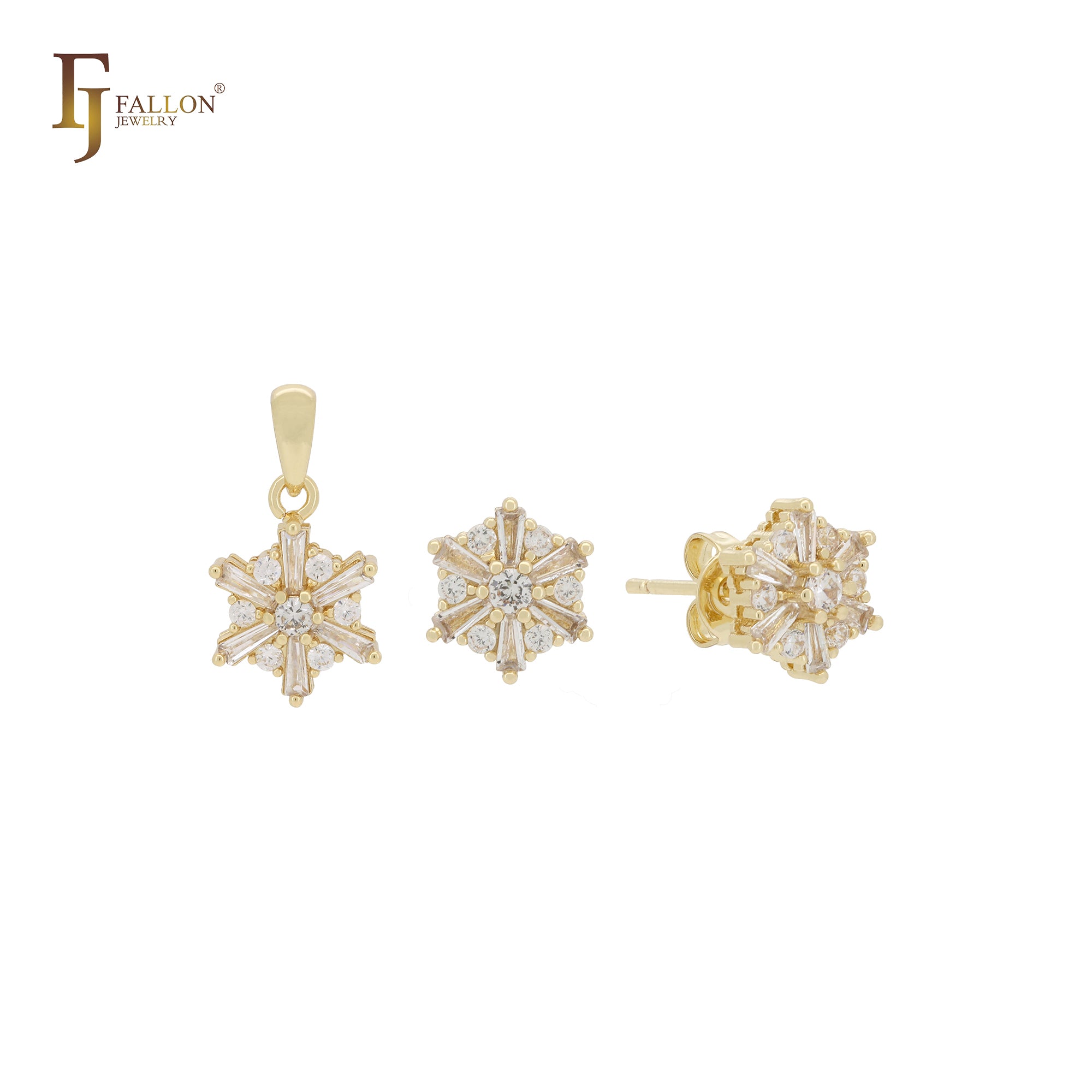 Conjunto de joyas de oro de 14 quilates con circonitas blancas y copos de nieve con colgante