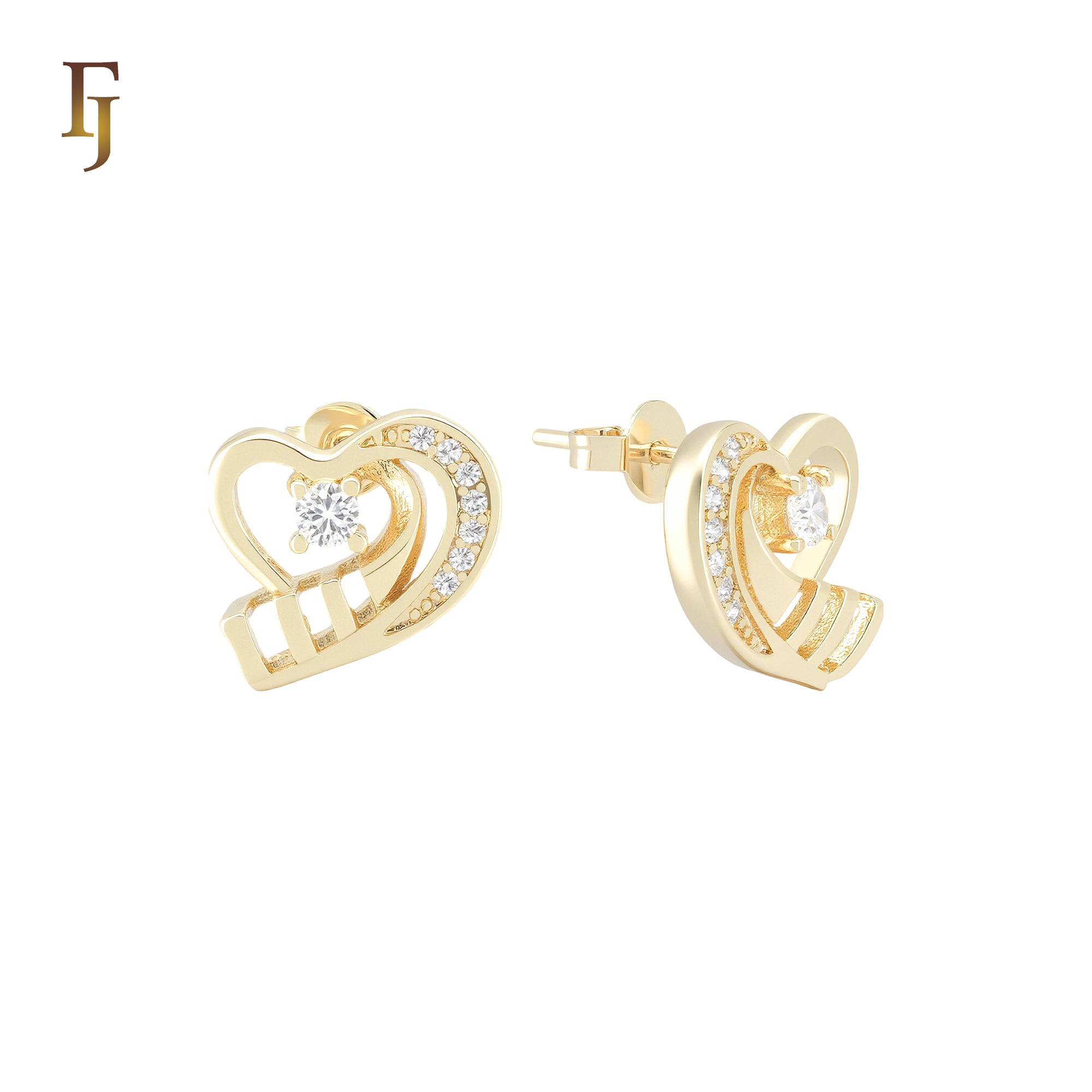 Ribbon of heart white CZs 14K Gold Stud Earrings
