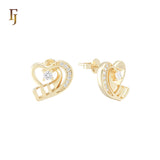 Ribbon of heart white CZs 14K Gold Stud Earrings