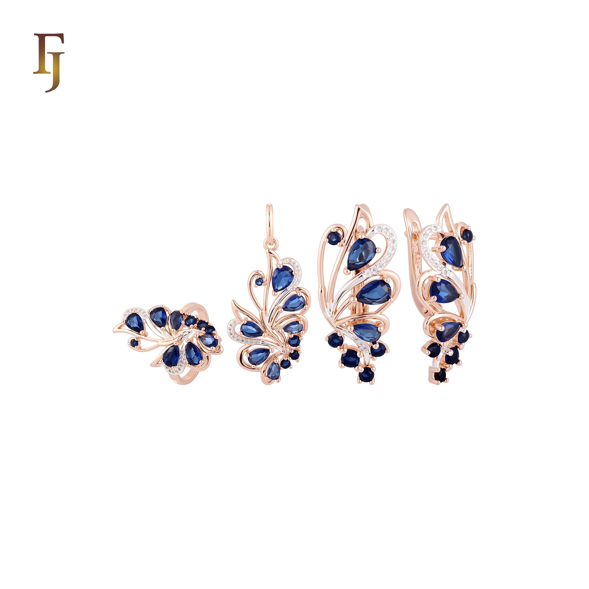 Luxurious Tip of the wing of peacock cluster deep blue Rose Gold two tone Jewelry Set with Rings and Pendant