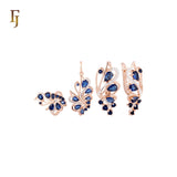 Luxurious Tip of the wing of peacock cluster deep blue Rose Gold two tone Jewelry Set with Rings and Pendant