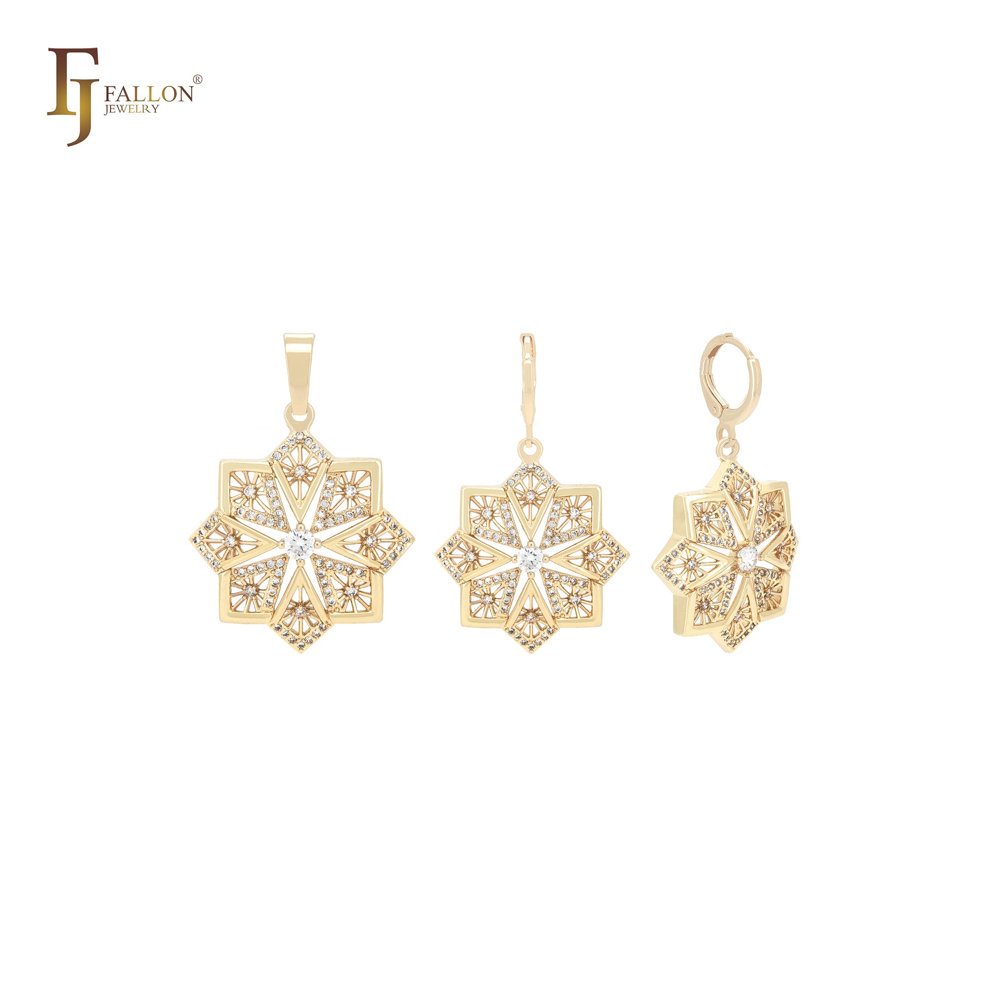 Conjunto de joyas de oro de 14 quilates con filigrana de copo de nieve de doble capa octogonal con colgante
