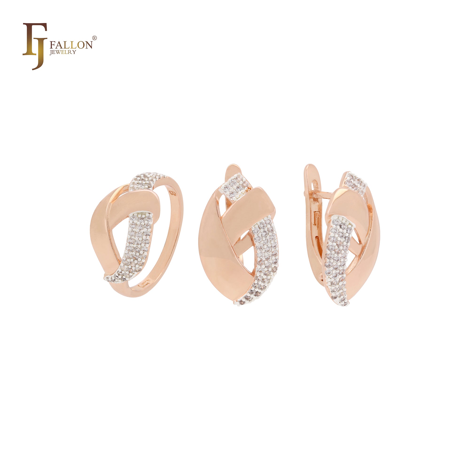 Conjunto de joyas de dos tonos en oro rosa con anillos y cintas superpuestas de circonitas blancas