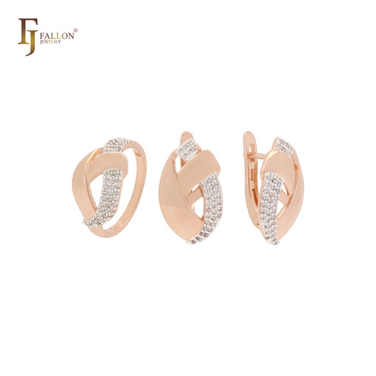 Conjunto de joyas de dos tonos en oro rosa con anillos y cintas superpuestas de circonitas blancas