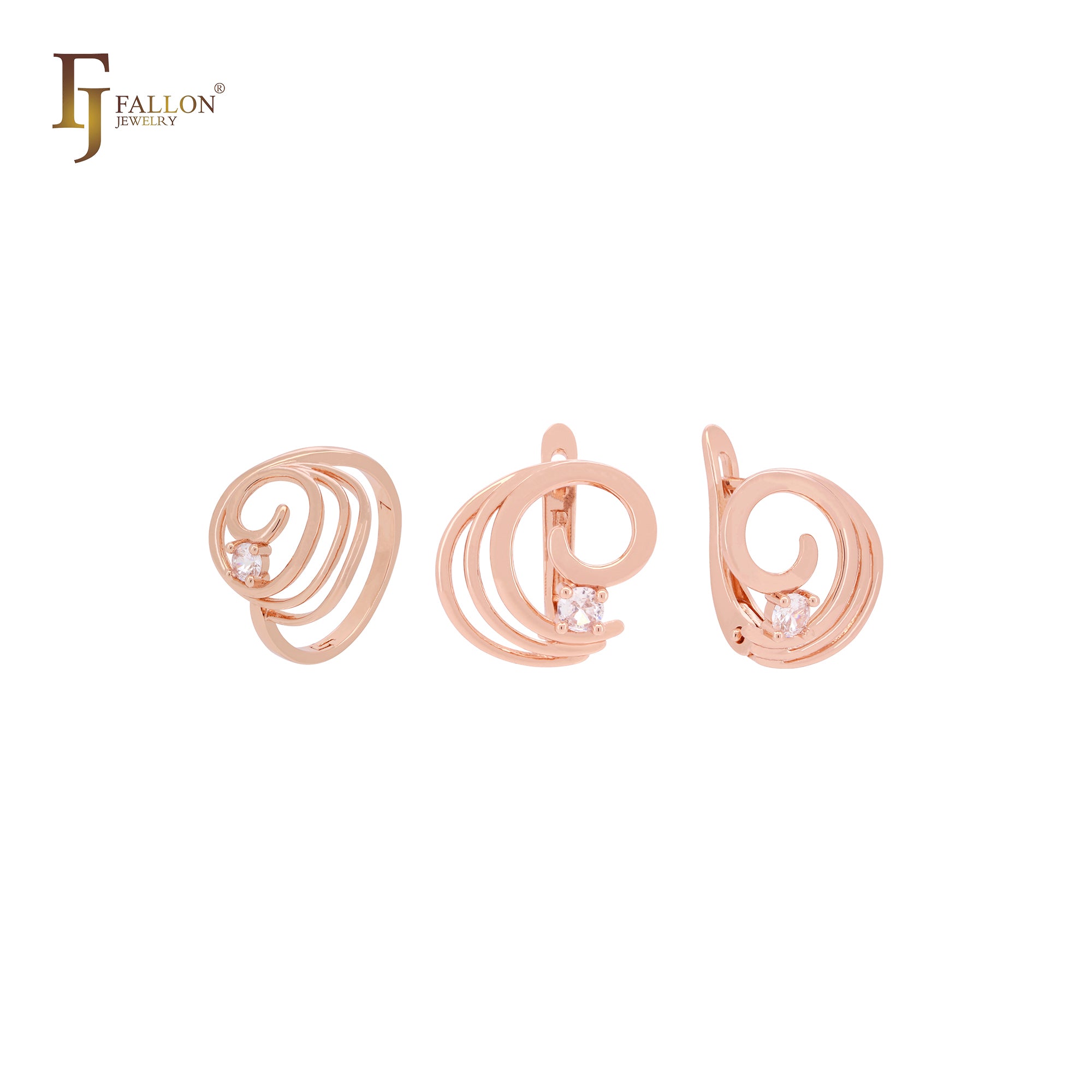Elegante conjunto de joyas de oro rosa con anillos y ondas giratorias con circonitas blancas