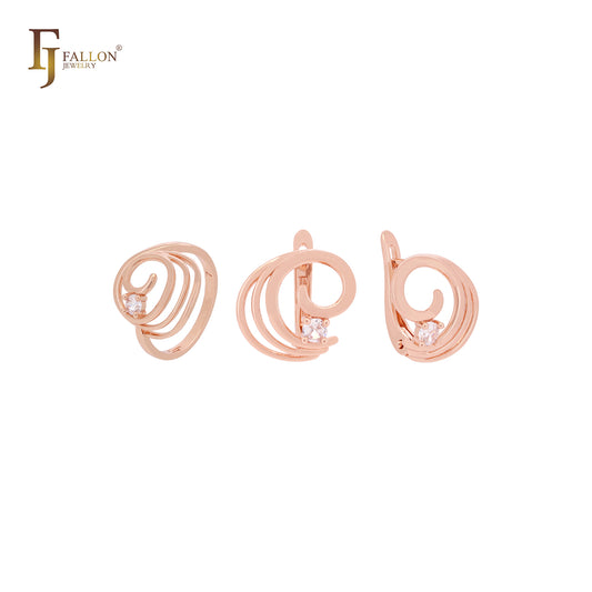 Elegante conjunto de joyas de oro rosa con anillos y ondas giratorias con circonitas blancas