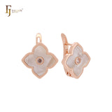 Pendientes de clip de oro rosa con trébol de la suerte de color blanco o negro de loto