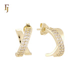 Paved white CZs curved X crossing 14K Gold, Rose Gold Stud Earrings
