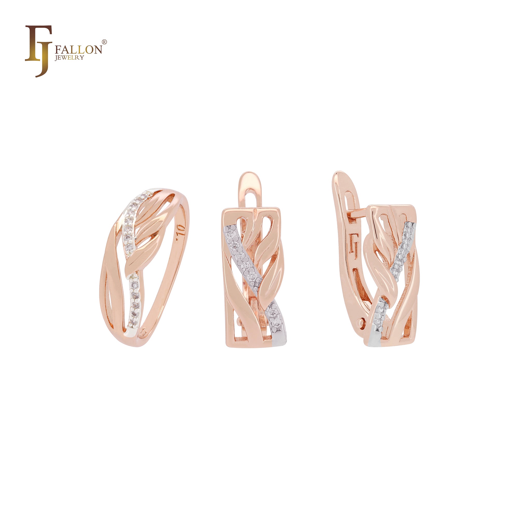 Conjunto de joyas de oro rosa de dos tonos con hojas y ramas pavimentadas con circonitas blancas y anillos.
