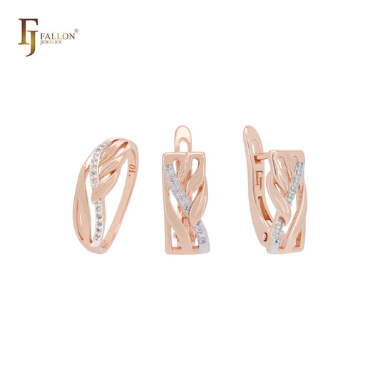 Conjunto de joyas de oro rosa de dos tonos con hojas y ramas pavimentadas con circonitas blancas y anillos.