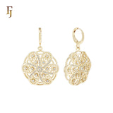 Windmill Fan Spining Snowflake of white CZs 14K Gold Huggie drop Earrings