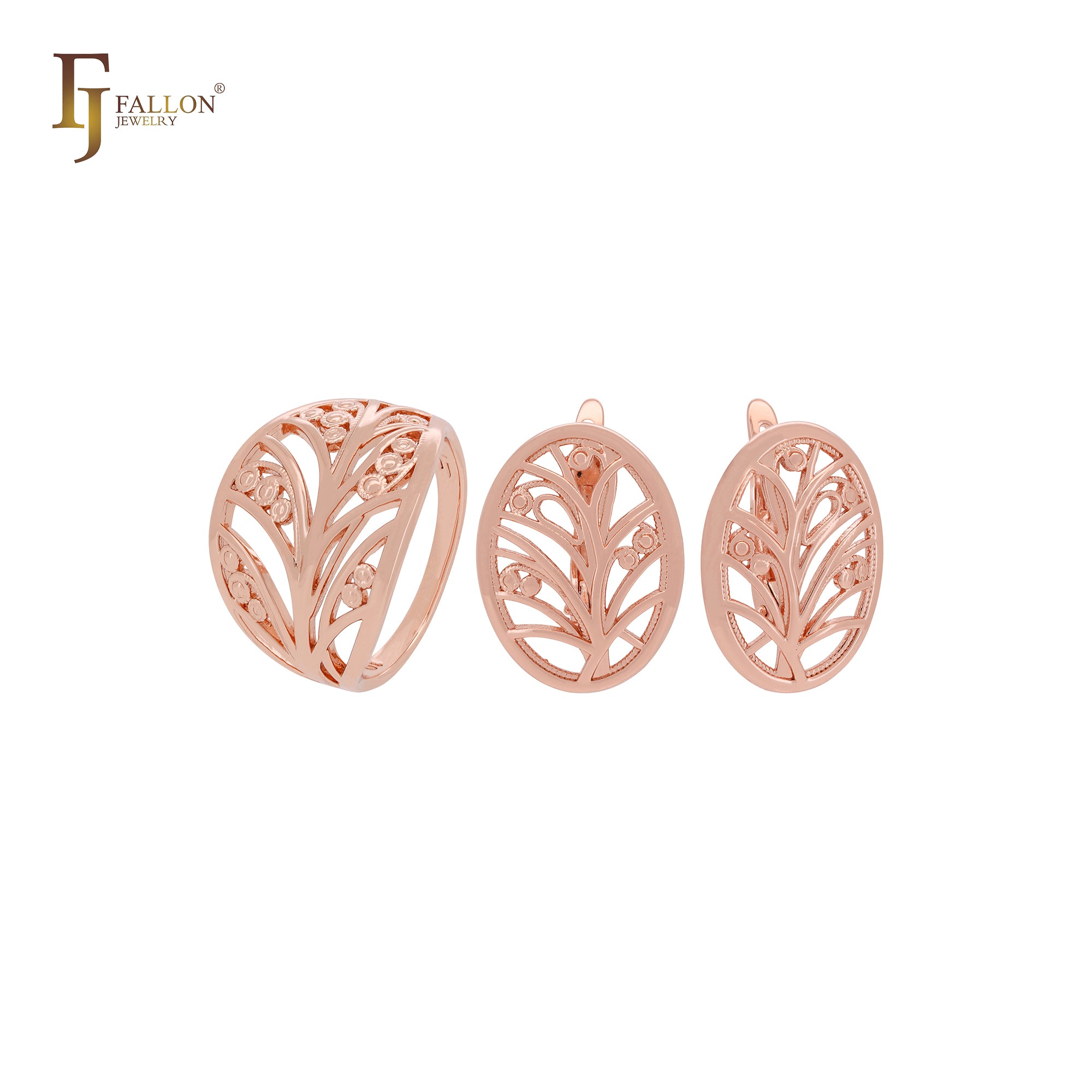 Conjunto de joyas de filigrana con árbol de la vida en oro rosa y anillos