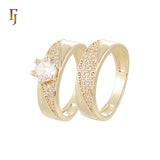 Slash of white CZs paved 14K Gold, Rose Gold Wedding Set Rings