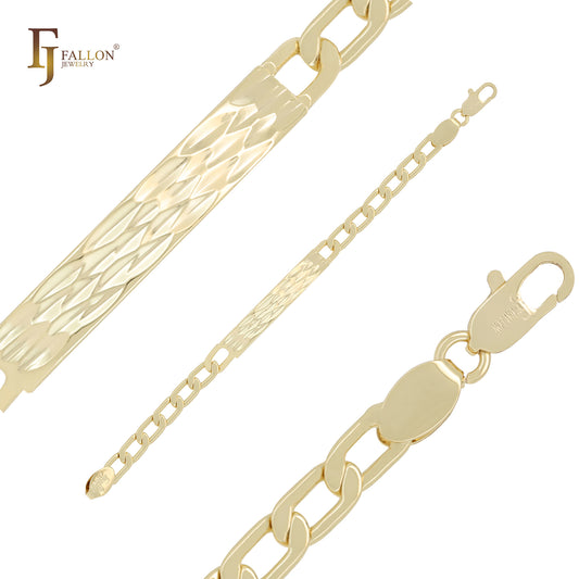 Pulseras de identificación para hombre de oro de 14 quilates con eslabones curvos texturizados en forma de rombo