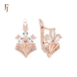 Sprouting flower of white CZs Rose Gold Russian Lock Earrings
