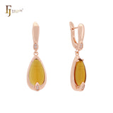 Pendientes de clip de oro rosa con piedra de gota colorida y solitario en forma de pera