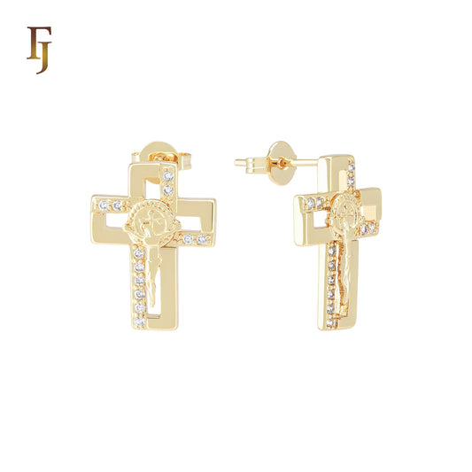 Crucifix Jesus Cross of 14K Gold White CZs Stud Earrings