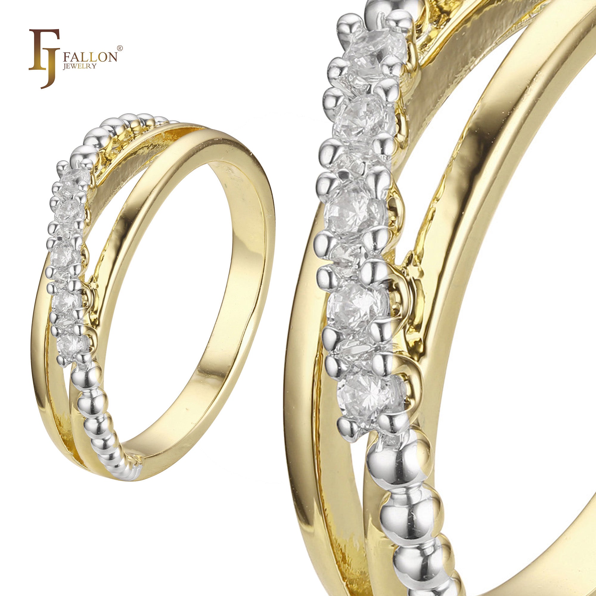 Alianzas de boda con cuentas en oro rosa y anillos bicolor de oro de 14 quilates.