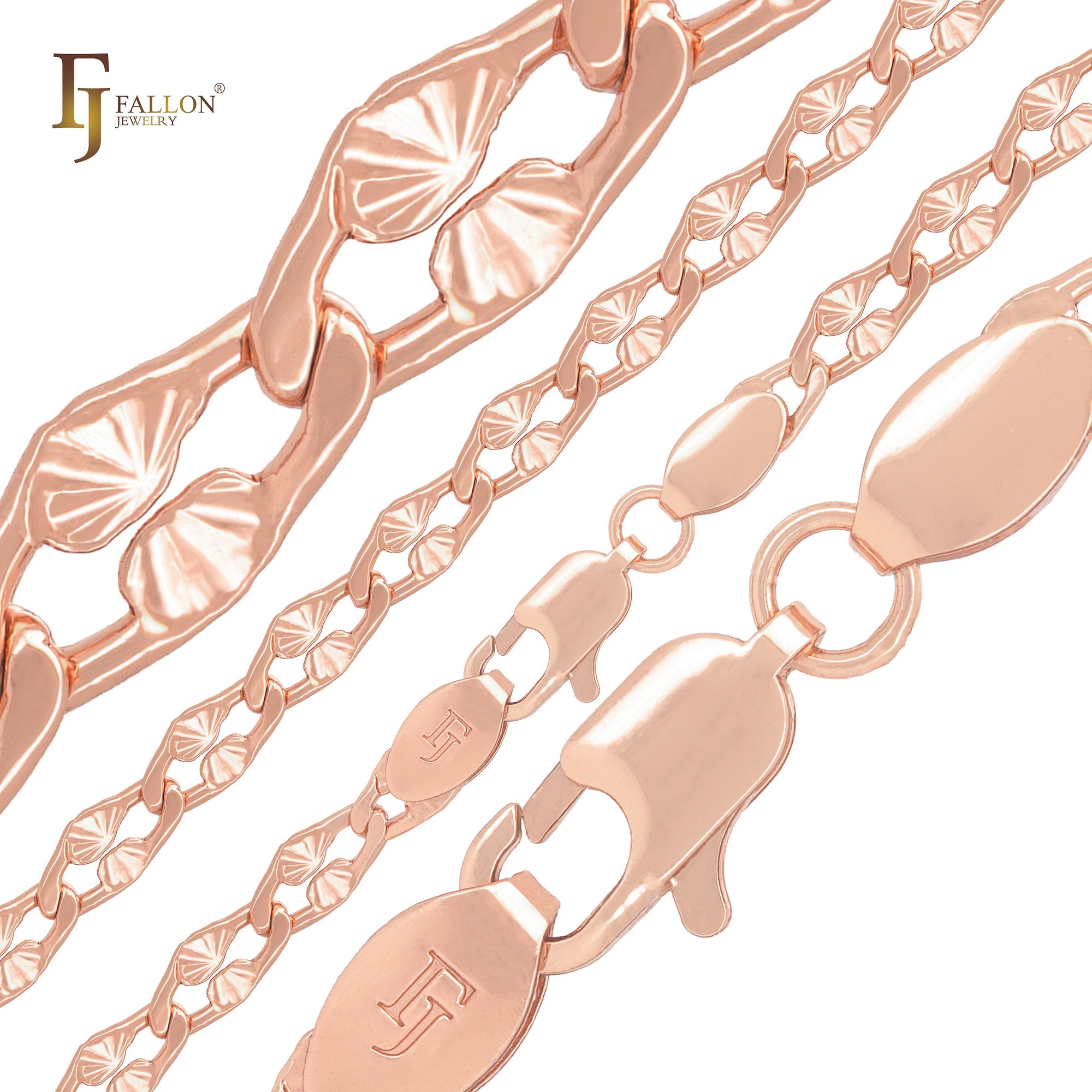 Cadenas de eslabones de lujo en oro de 14 quilates, oro rosa y oro blanco con clip ovalado con diseño de rayos de sol martillados.