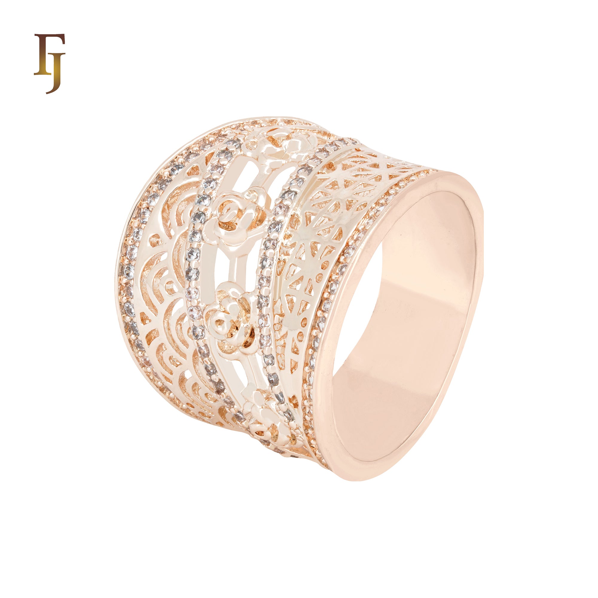 Wide Filigree of white CZs Snowflake Rose Gold Fashion Rings
