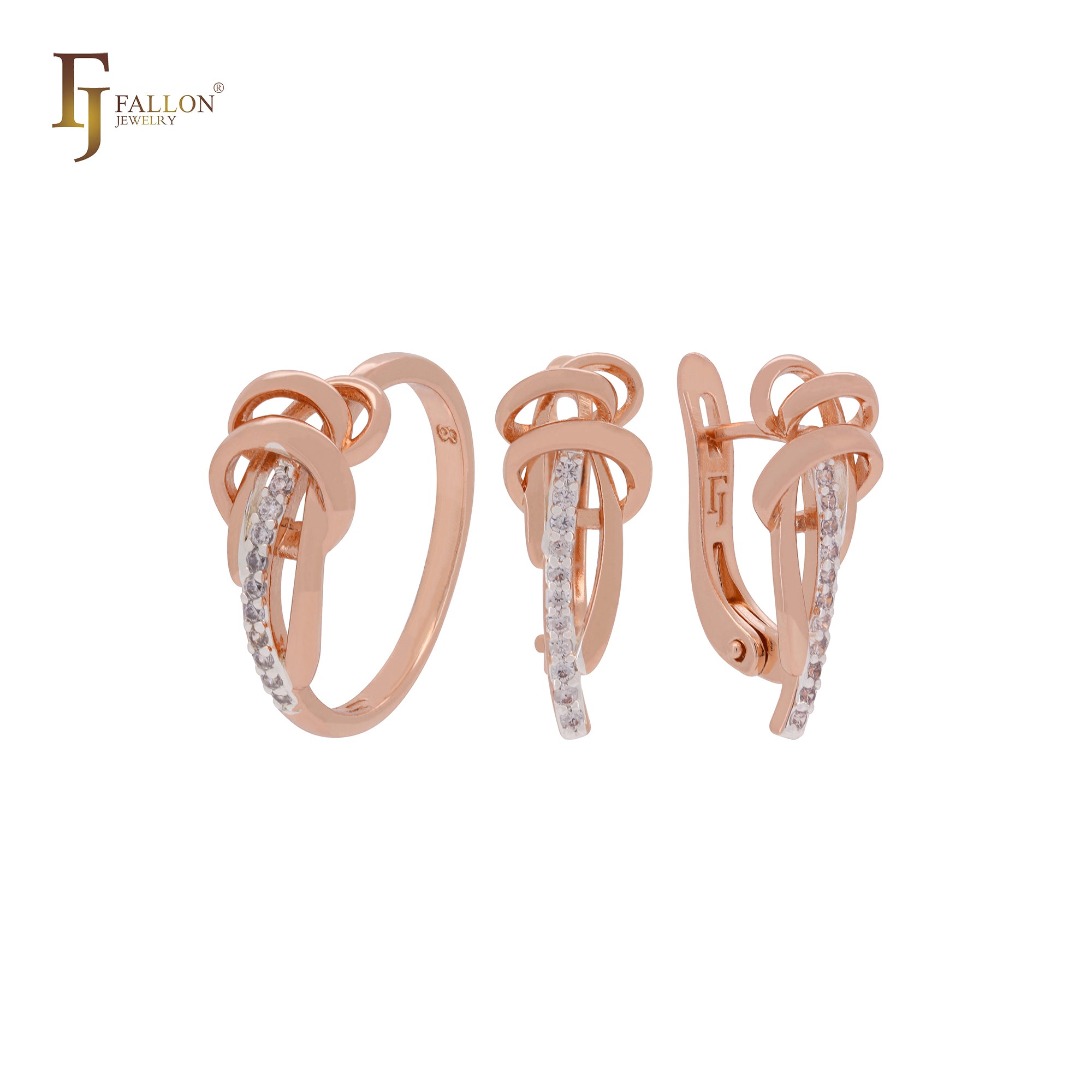 Maravilloso diseño de vides entrelazadas con circonitas blancas. Conjunto de joyas de oro rosa de dos tonos con anillos.