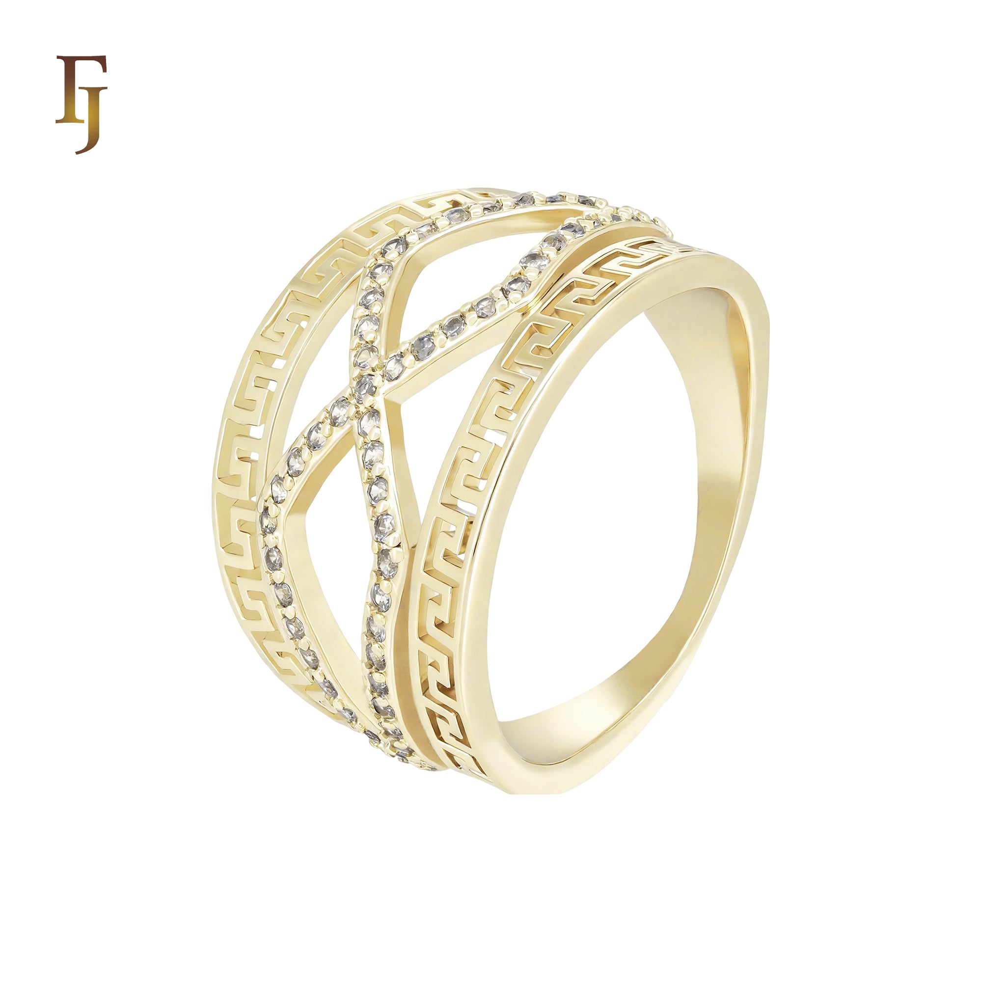 Crossing Band of white CZs and double Greek Key 14K Gold Fashion Rings