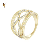 Crossing Band of white CZs and double Greek Key 14K Gold Fashion Rings