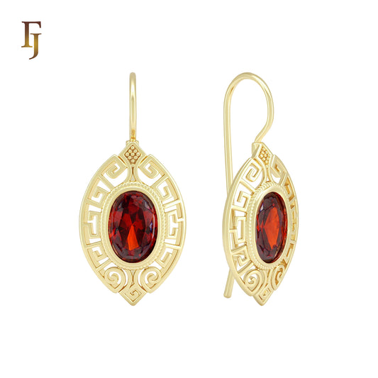 Marquise Hollow Greek Key Scarlet Garnet Red CZ Eye 14K Gold Wire Hook Earrings