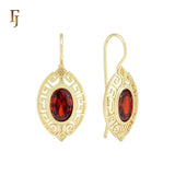 Marquise Hollow Greek Key Scarlet Garnet Red CZ Eye 14K Gold Wire Hook Earrings