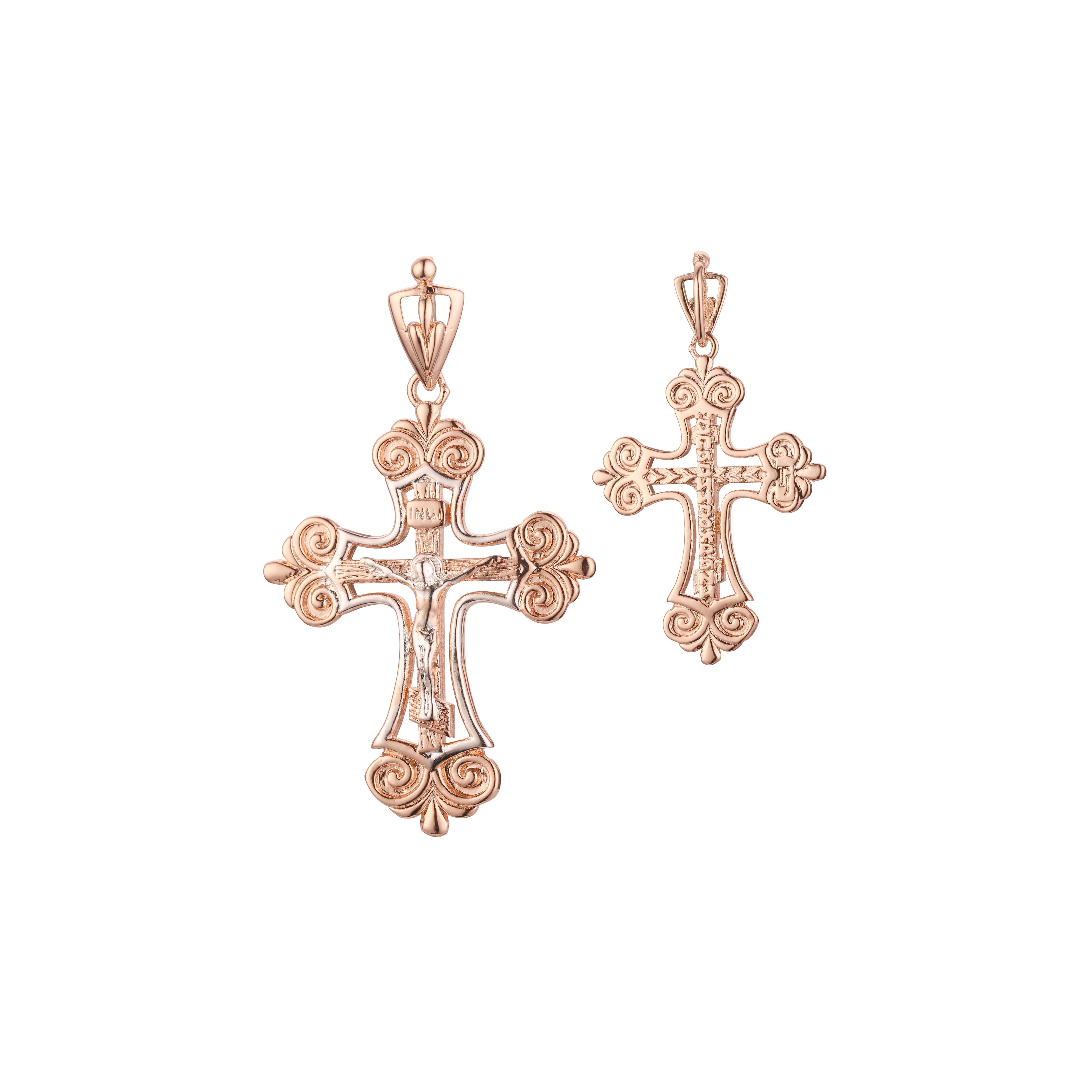 Colgante cruz ortodoxa en flor en Oro Rosa bicolor, baño de Oro 14K colores