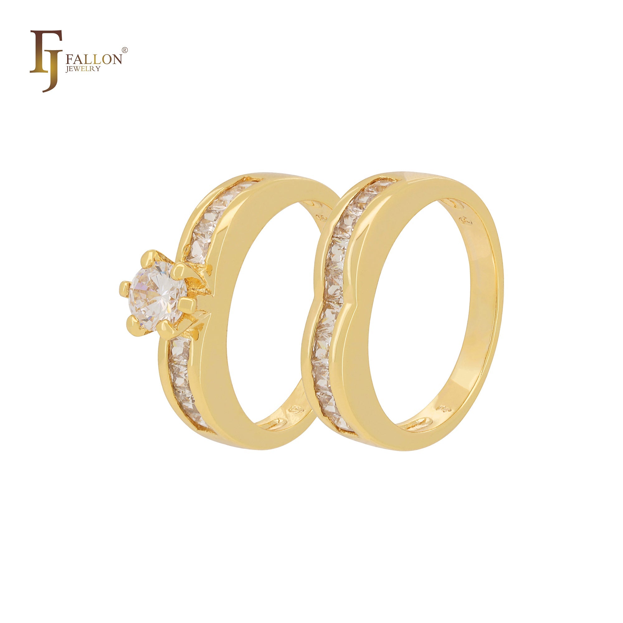 Cluster White CZs 14K Gold Wedding Set Rings