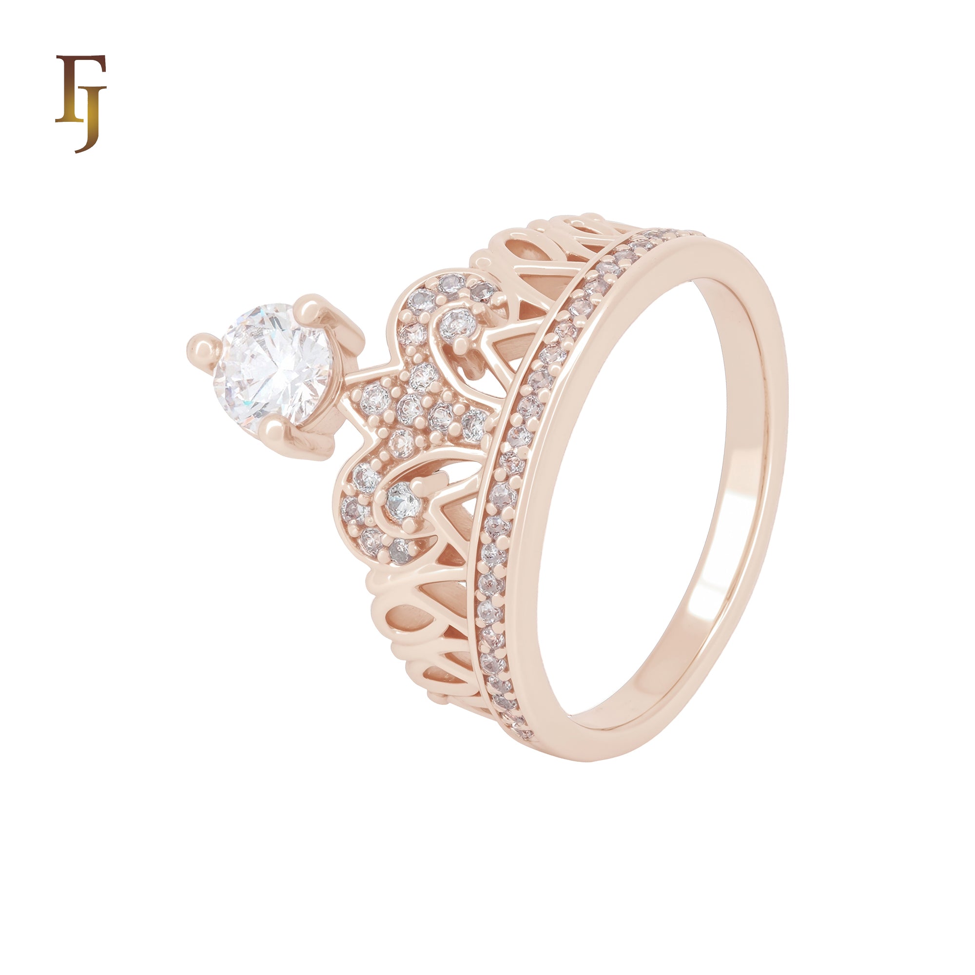 Solitaire white CZs 14K Gold Crown Rings